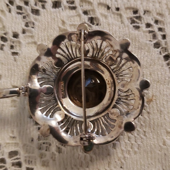 STUNNING Sterling Silver PENDANT BROOCH/PIN Smoky Quartz MARCASITE FILIGREE - Picture 4 of 6